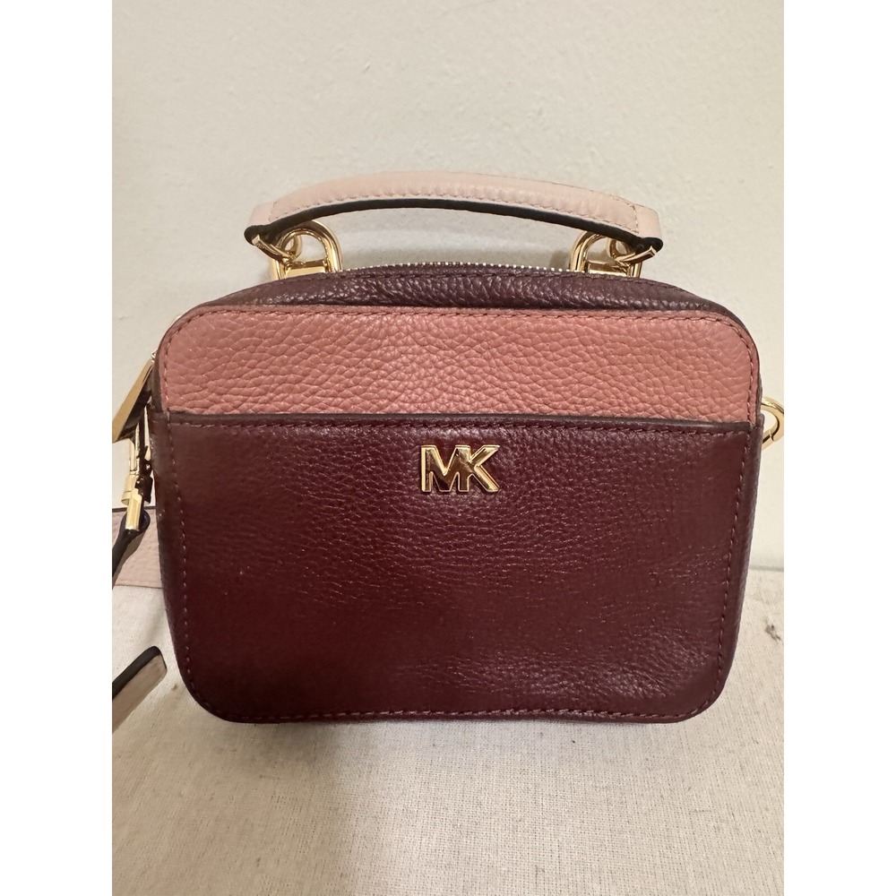 Michael Kors Crossbody Camera Bag Color Block Pebbled Leather Burgundy